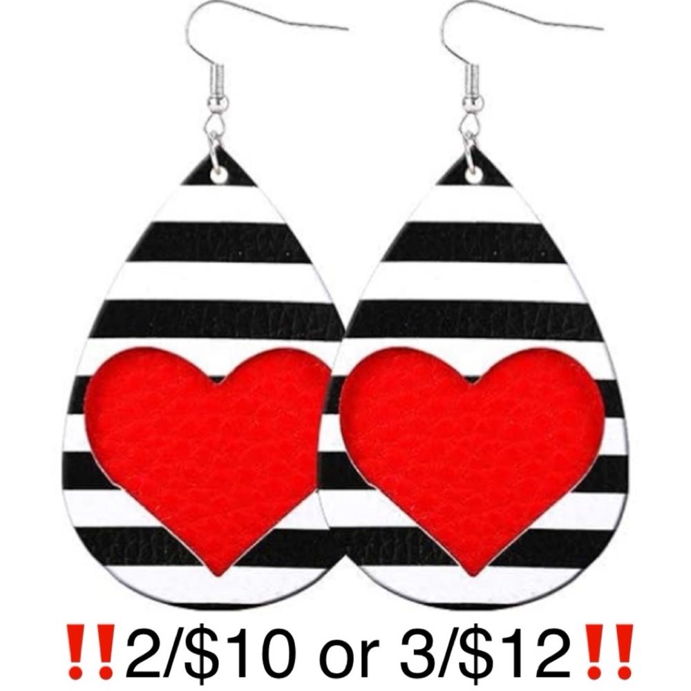 Red Heart Earrings Black White Striped Faux Leather Dangling Layered Valentine